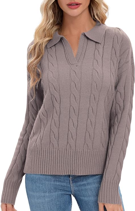 Urban CoCo Womens Long Sleeve V Neck Pullover Polo Sweater Tops Cable Knit Sweaters Winter Trendy Outfits