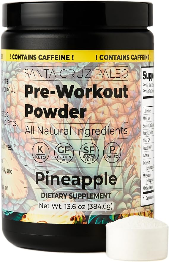 Santa Cruz Paleo Pre Workout Powder with Caffeine & Electrolytes, Magnesium, Potassium, Sea Salt & L Citrulline, Sugar Free Preworkout Drink Mix for Energy & Hydration, Pineapple Flavor, 30 Servings