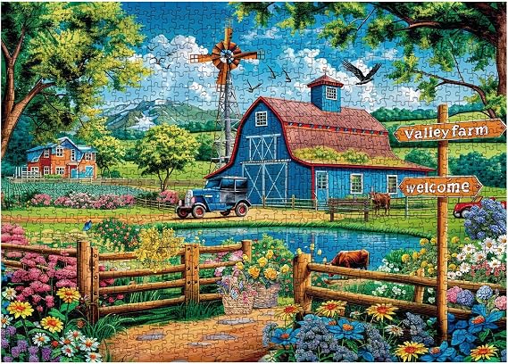 Farm Country Barn Puzzle for Adults 1000 Piece, Flower Bird Cow Jigsaw Puzzle, Nature Mountain Landscape Puzzle