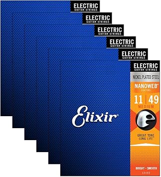 Elixir Electric Nanoweb Medium 12102 11-49 Electric Guitar Strings 6-Pack w/Bonus Elixir Polishing Cloth