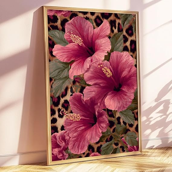 Tevenuktla Leopard Fashion Poster Abstract Botanical Prints Trendy Aesthetic Canvas Wall Art for Living Room Blooming Flower Picture Funky Aesthetic Posters Wildflower Painting 16x24inch No Frame