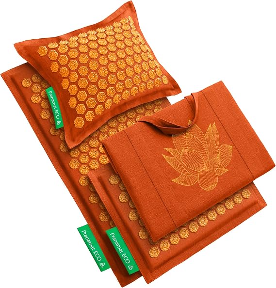 Pranamat Acupressure Large & Small Mat with Pillow and Bag Set, Premium Acupressure Therapy for Pain Relief and Relaxation, Handcrafted in Europe with Sustainable and Natural Materials (Amber)