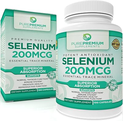 PurePremium Selenium 200mcg per Serving Supplement - L Selenomethionine Essential Mineral - Daily Support for Normal Thyroid, Immune System| Normal Prostate Function - 3 Months Supply - 100 Capsules