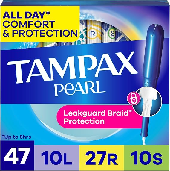 Tampax Pearl Tampons for Women Multipack, with LeakGuard Braid, Light/Regular/Super Absorbency, Unscented, 47 Count