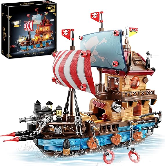 Pirate Ship Building Blocks Set with LED Lights-Compatible Standard Brick,916Pcs Pirates Boats Medieval Pearl Pirate Ship Model Creative Decor Halloween Christmas Birthdays Party Gifts for Teens