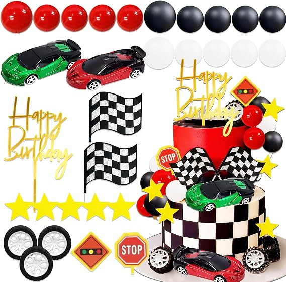 30PCS Race Car Cake Decorations Car Cake Topper Checkered Flag | Growing Up Two Fast Birthday Decor Fast One Fast Three Need Four Speed Birthday Decorations