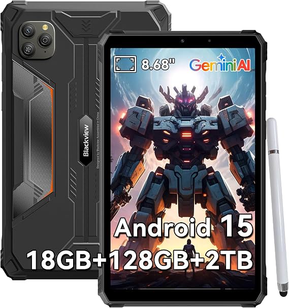 Blackview AI Rugged Tablet, 9 inch Android 15, 18GB+128GB TF 1TB, 180Hz, IP68/IP69K Waterproof, MIL-STD-810H Shockproof, Dual 4G LTE SIM, 16MP+13MP, 18W/OTG/5G WiFi/GPS/NFC/TÜV/Face ID/Glove Mode