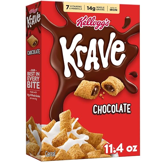 Kellogg's Krave, Breakfast Cereal, Chocolate, Filling Made with Real Chocolate, 11.4oz Box