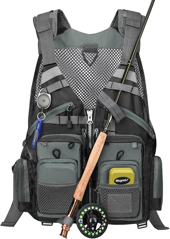 Gonex Fly Fishing Vest for Men Women, Trout, Adjustable Size, 18 Pockets | 14 SBS Zipper Pockets, 4 Breathable Mesh Pockets, Reflective Stripes, Hanging Design, Outdoor Trout Bass Fishing