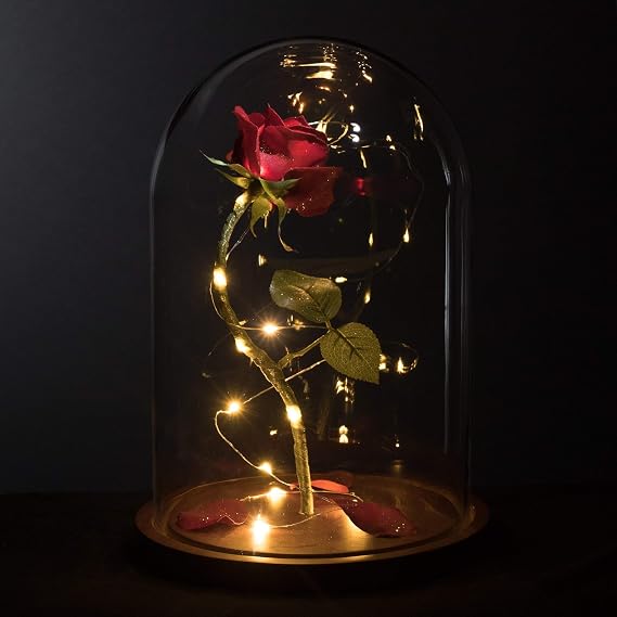 Made in USA Enchanted Red Rose Life-Sized 13" LED Beauty and The Beast Rose in Glass Dome Belle Wedding Valentine's Day Christmas Mother's Quinceanera Magic Princess Whitney