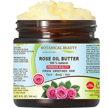 Botanical Beauty ROSE OIL BUTTER 100% Natural Rose Essential Oil in Shea Nut Butter for FACE SKIN BODY HAIR NAILS Beauty Skin Moisturizer Oil Butter Skin Nourishing (8 Fl Oz 240 ml)