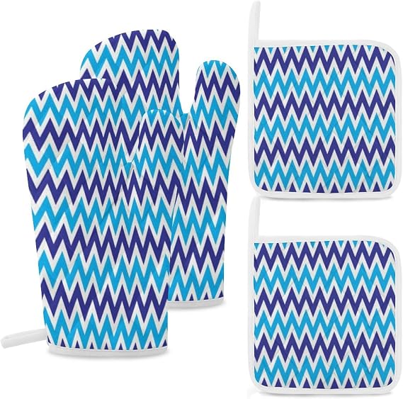 4Pcs Oven Mitts and Potholders, Chevron Zigzags Teal Blue Striped Pattern Oven Mitts Gloves Set Heat Resistant Hot Pads for Kitchen Cooking Grill