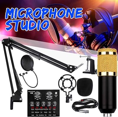 V8 Condenser Microphone Bundle with BM-800 Live Sound Card,Mini Sound Mixer Board with Multiple Sound Effects,Adjustable Mic Suspension Scissor Arm,Metal Shock Mount and Double-Lay