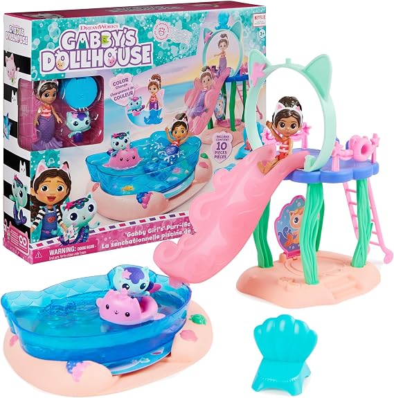Gabby's Dollhouse Purr-ific Pool Playset Playset Kids Toys for Ages 3 and | Pool Playset, Gabby & MerCat Figures, Color-Changing Tails, Surprise Toy, Kids Toys for Girls & Boys Ages 3+