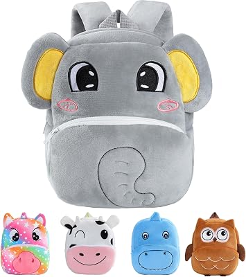 MICHLEY Cute Animal Backpack for Kids - Baby Cartoon Toddler Diaper Daycare Mini Girls 2-4 Years Premium Compact First Travel Bag Gray Elephant