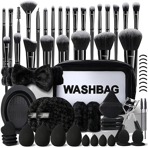 HGHDBT 65Pcs Black Makeup Brushes Set Professional with Case Premium Synthetic for Blush Eye Shadow Concealer Powder Foundation Eye & Face Make up Brush Kit with Beauty Blender Sponge Set Tools