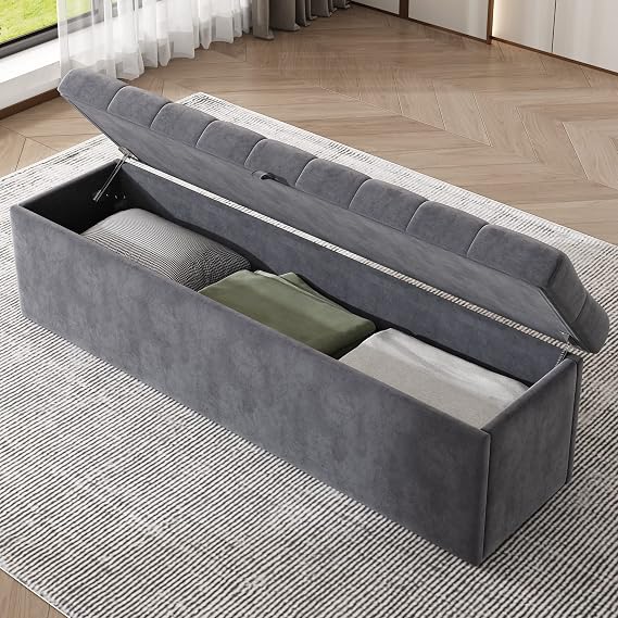 ModernLuxe Ottoman Storage Bench, Upholstered Velvet Blanket Box, End of Bed Storage Bench, Footstool with Storage, Suitable for Hallway, Living Room, Bedroom, 135x41x42cm, Grey