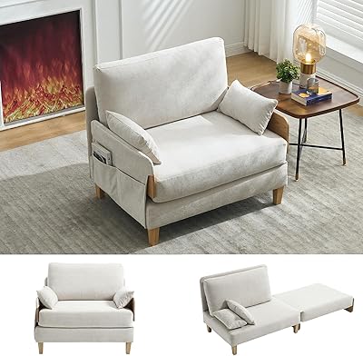 3-in-1 Convertible Sleeper Chair Sleeper Sofa Couch Bed, Oversized Accent Chair with 3 Pillows, Comfy Chenille Reading Armchair, Sofa Cama Couch Guest Bed for Small Spaces, Beige
