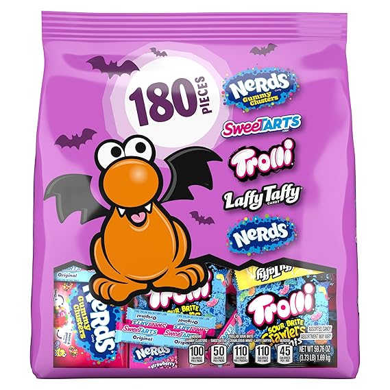 Halloween Candy Core Winners Trick-or-Treat Variety Bag, Nerds Gummy Clusters, Sweetarts, Trolli, Laffy Taffy, and Nerds Original, 180 Pieces, 59.76 Ounces