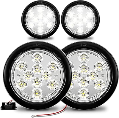 TRUE MODS 4pc 4 Round Clear White 10 LED Trailer Tail Lights [DOT FMVSS 108] [SAE 2R] [Grommet & Plug] [IP67 Waterproof] Reverse Back Up Boat Horse Trailer Lights for RV Semi Truck Flat Bed Camper