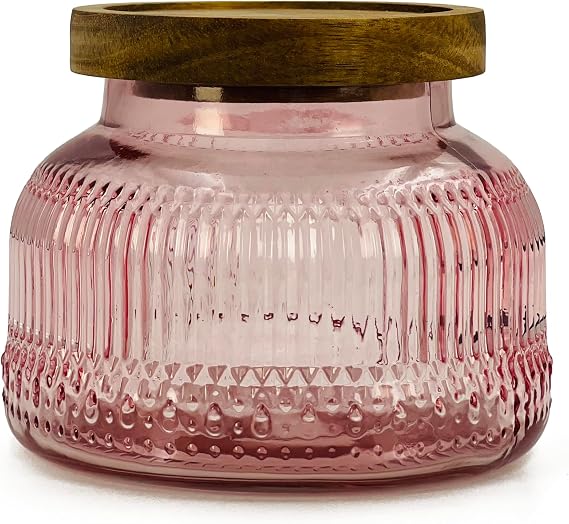 Decorative Pink Glass Jar with Airtight Wooden Lid 40 oz, Ribbed Wide Mouth Vintage Kitchen Food Storage Container for Cookie Candy Honey Flour Spice Coffee Tea, Home Decor Sand Candle Holder Vase