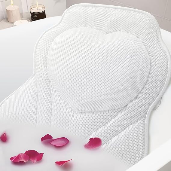 LuxStep Bath Pillow-Bathtub Pillow with Air Mesh | Fabric & 6 Non-Slip Suction Cups, Bath Pillows for Tub Head, Neck and Back Support, Bath Accessories Spa Gifts, White
