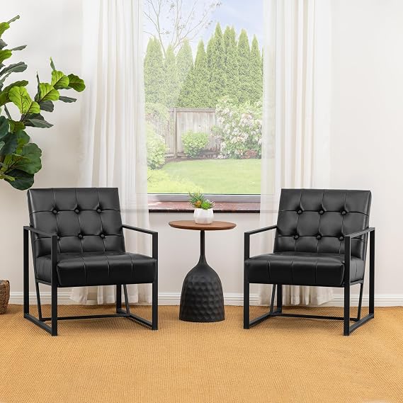 Glitzhome PU Leather Accent Chairs Set of 2, Modern Metal Living Room Chairs with Durable Metal Frame,PU Leather Cushioned, Reading Armchairs for Living Room, Bedroom, Home Office, Black