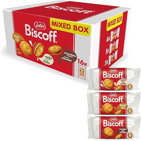 Biscoff - Sandwich Biscuits Variety Pack - 3 Flavours: Vanilla, Chocolate & Biscoff Cream - 5 Sandwich cookies per pack - Ingredients from natural origin - No colours - 16x50g - 0,8kg