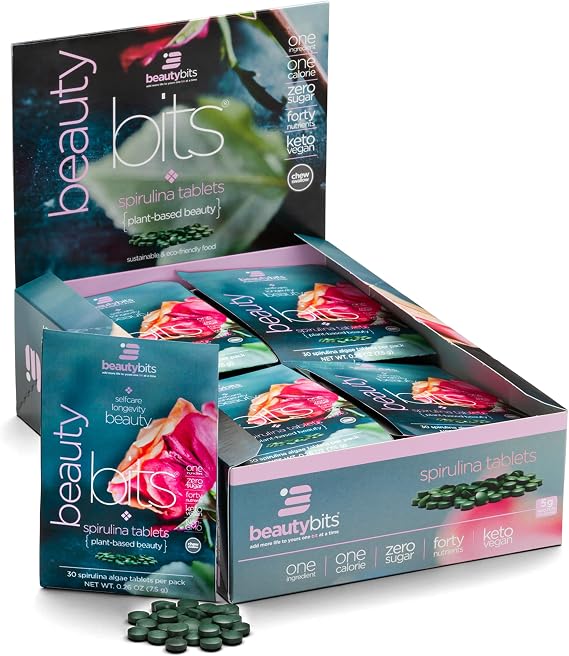 BEAUTYbits - Organic Spirulina Tablets - Algae Superfood - Collagen, Protein, Chlorophyll - Hair, Nails, Skin Care - Vegan, Keto, Gluten Free - Self Care - Skincare Beauty - 30 Bags, 900 Tablets