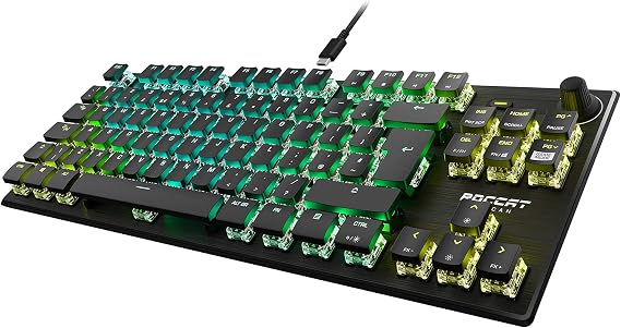 Roccat Vulcan TKL Pro (UK Layout) Mechanical PC Gaming Keyboard, Tenkeyless, Optical Linear Titan Switch, Per-Key AIMO RGB Lighting, Anodized Aluminum Top Plate and Detachable USB-C Cable, Black