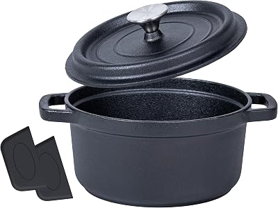 Bruntmor 4 Quart Pre-seasoned NonStick Cast Iron Dutch Oven With Handles, Lid And Silicone Accessories, 5.2 Qt Black Cast Iron Skillet with Loop handle, Cookware Braising Pan For Casserole