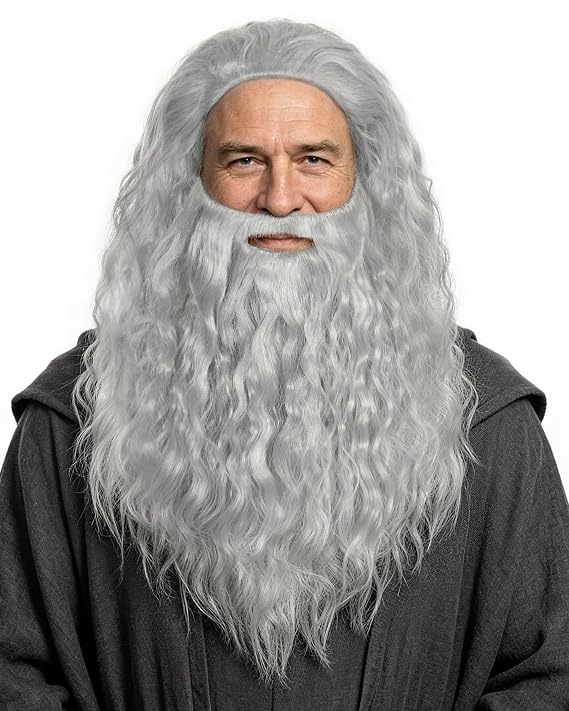 Long Grey Wizard Wig and Beard Grey Witch Cosplay Outfit Men