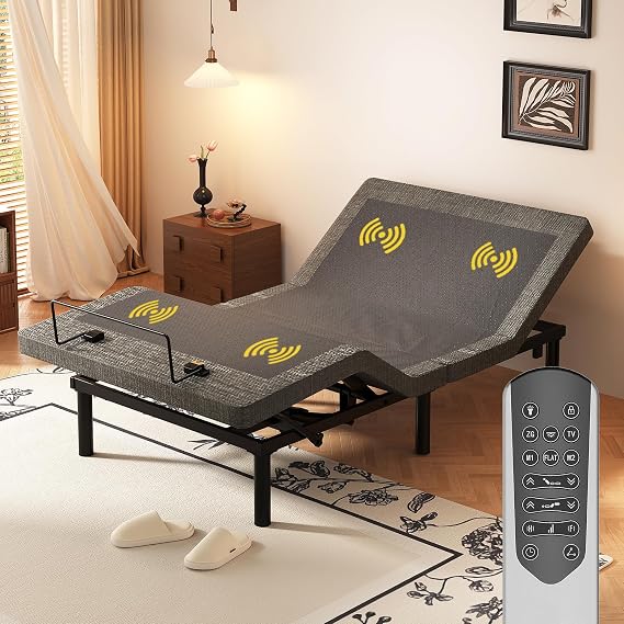 MULIN Twin XL Massage Adjustable Bed Frame with 6 Vibration Modes & Timer, Independent Head/Foot Incline, 2 USB, Wireless Remote, TV/ZG/ZZZ, 6" Legs