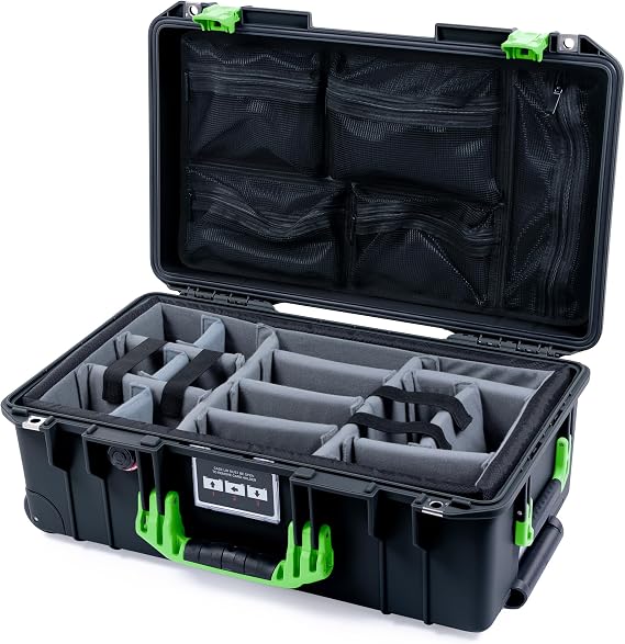 Pelican Air 1535 Carry-on Case by ColorCase - Black - Medium Size Waterproof Case with Gray Padded Microfiber Dividers & Mesh Lid Organizer - Lime Green Handles & Latches