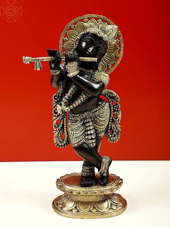 Exotic India 11" Brass Fluting Krishna - Brass - Color Black with Natural Brass
