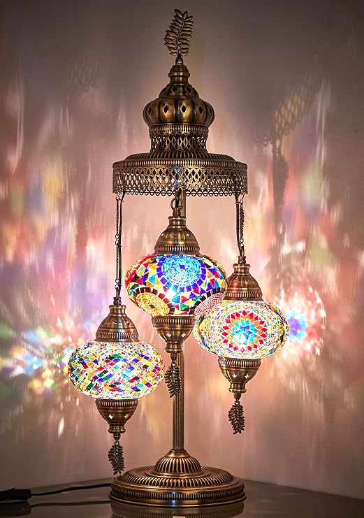 DEMMEX 3 Big Globes XL Magnificent Handmade Turkish Moroccan Mosaic Tiffany Style Table Desk Bedside Lamp Lampshade Exotic Night Accent Light for North American Use, 31" Height (Gift Me - Multicolor)