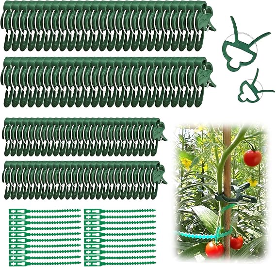 Garden Plant Clips with Adjustable Plant Ties, Plant Clips for Climbing Plants, Plant Support Clips for Vine Tomatoes Garden Vegetables (50 Large Clips, 50 Small Clips, 20 Ties)