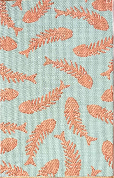 Mad Mats Outdoor Rug, Reversible Plastic Mat for Patio, Porch, Deck, Kitchen & Bath, Fishbone, 4' x 6', Aqua/Salmon