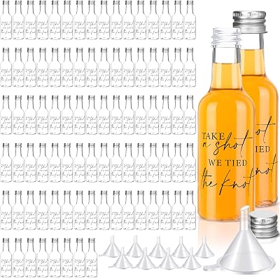 Bokon 100 Pcs Mini Wedding Liquor Bottles Take a Shot We Tied The Knot Shot Glasses for Guests 1.7 Fl Oz 50 ml Plastic Reusable Empty Bottle with Cap Funnel Acrylic Mini Glasses for Bridal Silver