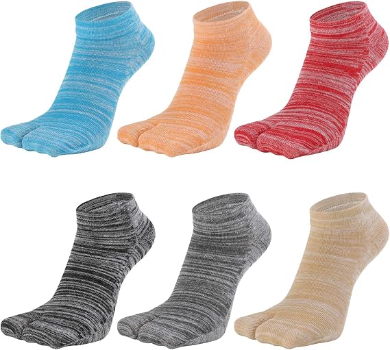 Women's Tabi Split Toe Flip Flop Socks Big Two Toe Cotton Colorful Crew No Show Low Cut Athletic Pack of 6