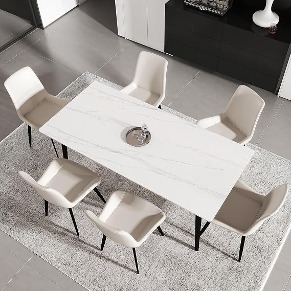 63 inch Marble Sintered Stone Dining Table, Rectangular Modern Dinner Table for 6-Seat with Metal Legs, Restaurant Table for Living Room (Gloss White, Slanted Legs)