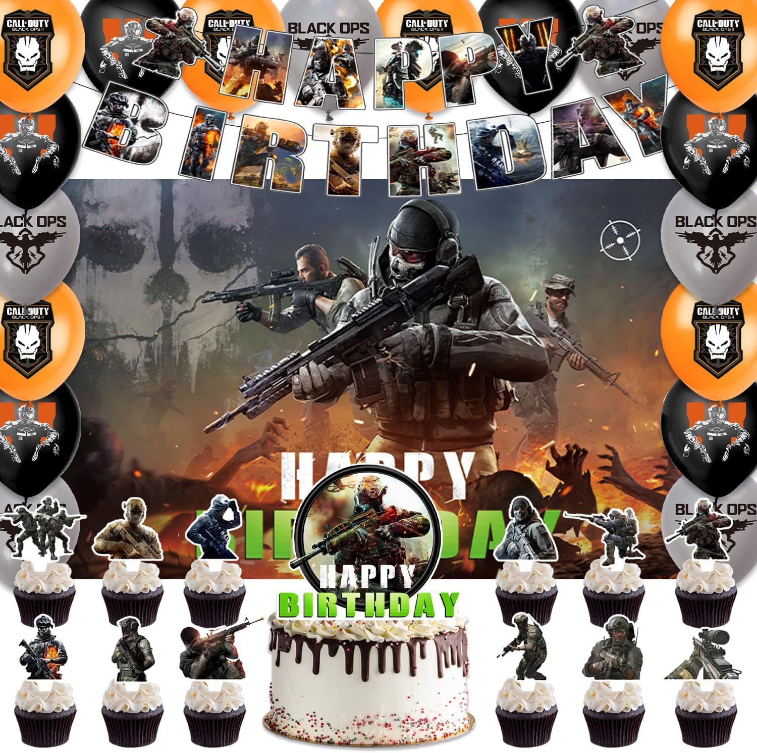 42pcs Call of-Duty Birthday Party Supplies Pack Includes，Banner，Cake Topper，Blackdrop,Balloons for Game Call party decoration