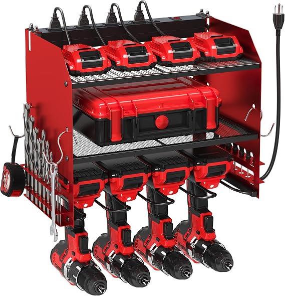 TLGREEN Wall-Mount Tool Charging Station, 4 Drill Holders, 8 Outlets