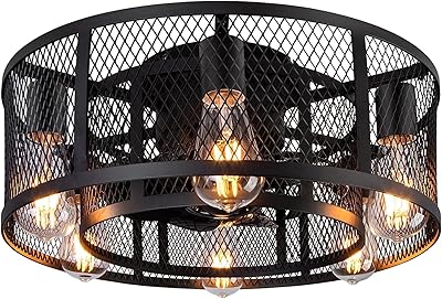 Ohniyou Cage Ceiling Fan with Light - 21 Farmhouse Flush Mount Ceiling Fan Remote Control, Small Bladeless Caged Ceiling Fan for Kitchen Bedroom