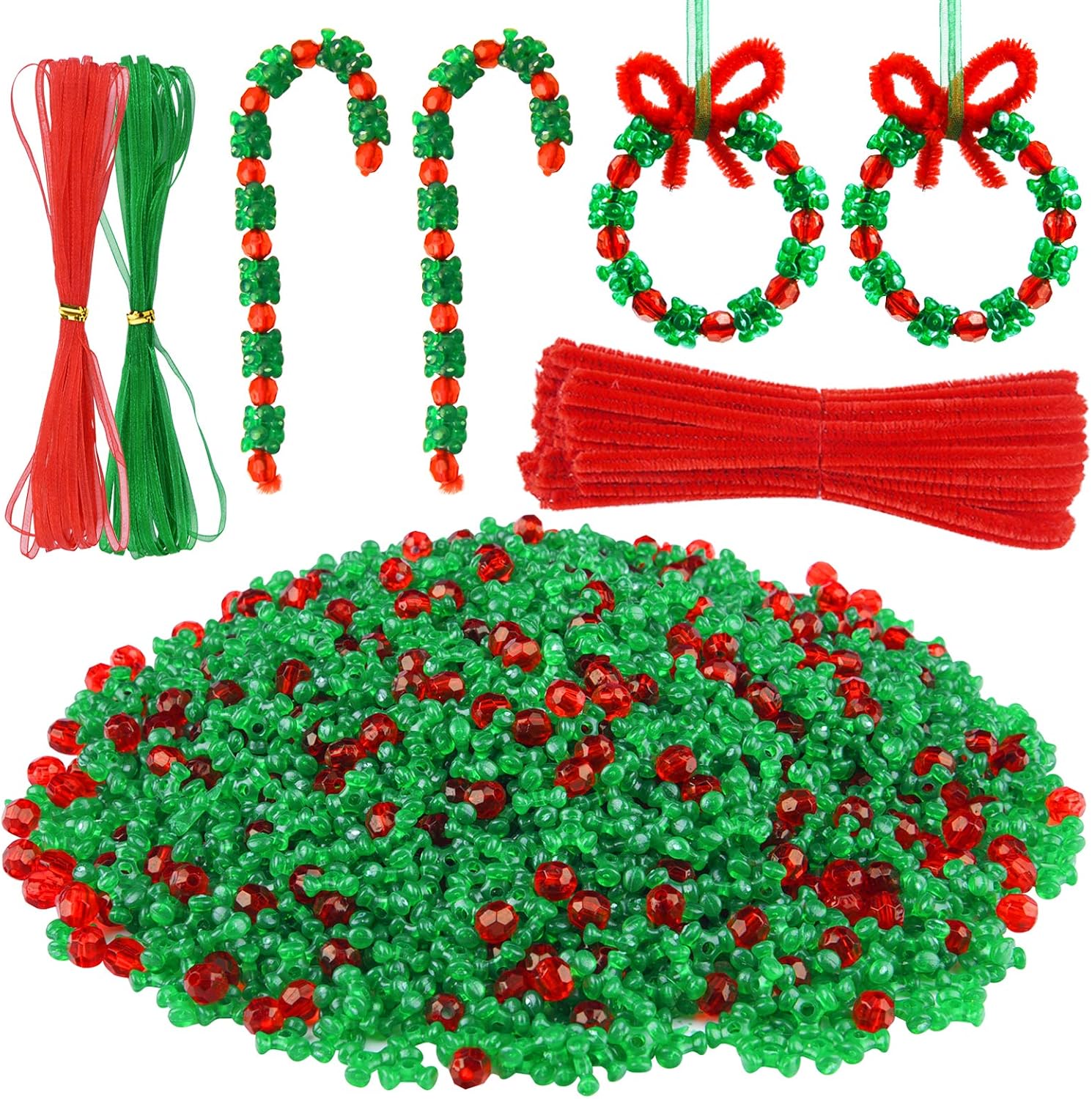 Livder 1950 Pieces Christmas Beaded Ornament Kit, 1500 Pieces Green Triangle Beads, 400 Pieces Red Beads, 50 Pieces Chenille Stems with Ribbons for Xmas Craft Wreath Cane Tree Decorations
