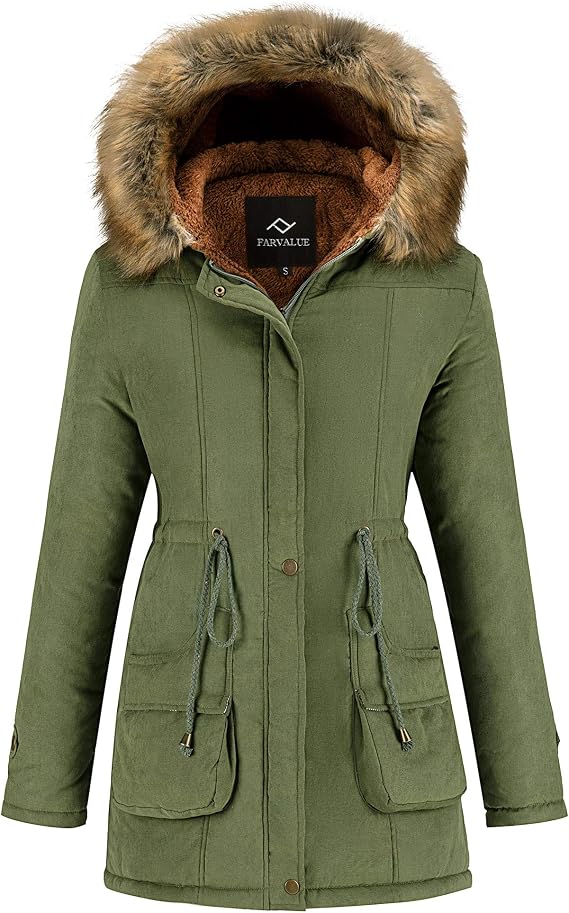 FARVALUE Women's Winter Coat Hooded Warm Puffer Quilted Thicken Parka Jacket with Fur Trim Amry Green Large