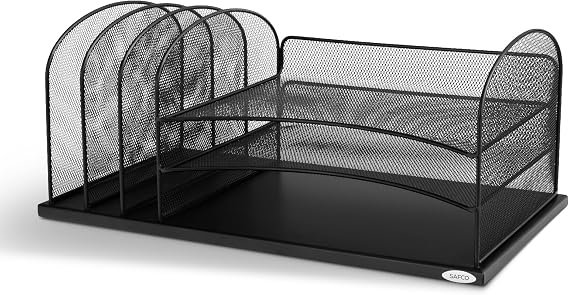 Safco Onyx Desk Organizer, 3 Vertical Compartments and 3 Trays, Office and Classroom Mailbox , Paper and Mail Sorter, Steel Mesh, Black
