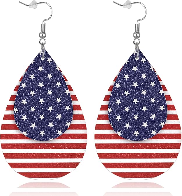 Fullive 4th of July Earrings, Leather Surface 250 Anniversary USA Merchandise, Teardrop Shaped Fourth of July Accessory