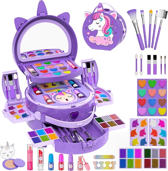 59 Pcs Kid Makeup Kit Toy for Girl, Gentle Washable Makeup Case with Mirror | Non-Toxic Variety Play Makeup with Peelable Nail Polish, Ideal Princess Pretend Play Toy Gifts for Girls 3 4 5 6 7 8 9 10+