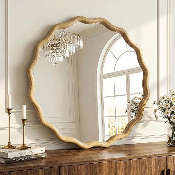 TRAHOME Round Wood Mirrors for Wall, 24" Boho Cirecle Wavy Mirror with Wooden Frame, Decorative Mirror with Tempered Glass, Natural Wooden Frame Vanity Mirror for Bedroom, Living Room, Entryway